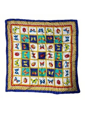 Vintage Blue Butterfly Ladybug  Square Large Silk Scarf Made In Italy 34”